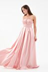 Kadın Pudra Göğüs Detay Uzun Saten Abiye Elbise