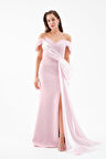 Kadın Pudra Kayık Yaka Kuyruklu Uzun Abiye Elbise