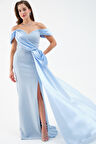 Kadın Bebe Mavi Kayık Yaka Kuyruklu Uzun Abiye Elbise