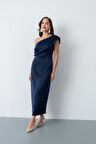 Kadın Lacivert Degaje Yaka Saten Elbise