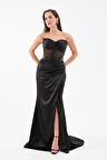 Kadın Siyah Straplez Boncuklu Uzun Saten Abiye Elbise