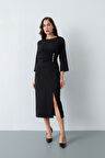 Kadın Siyah Düğme Detay Midi Davet Elbisesi