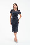 Kadın Lacivert Boncuklu Midi Abiye Elbise