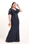 Kadın Lacivert Degaje Yaka Pul Payet Büyük Beden Uzun Abiye Elbise