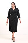 Kadın Siyah Kruvaze Yaka Boncuk İşlemeli Büyük Beden Midi Elbise