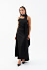 Kadın Siyah Fularlı Maxi Saten Elbise