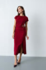 Kadın Bordo Toka Detay Midi Davet Elbisesi