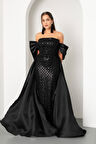 Kadın Siyah Straplez Boncuklu Saten Kuyruklu Uzun Abiye