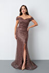 Kadın Kahverengi Madonna Yaka Boncuklu Uzun Balık Abiye Elbise