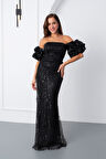 Kadın Siyah Kol Detay Boncuklu Uzun Abiye Elbise