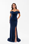 Kadın Lacivert Omuz Dekolteli Boncuklu Uzun Abiye Elbise