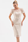 Kadın Krem Boncuklu Midi Abiye Elbise