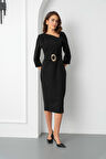 Kadın Siyah Kemer Detay Midi Davet Elbisesi