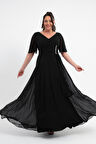 Kadın Siyah V Yaka Taşlı Büyük Beden Uzun Şifon Abiye Elbise