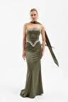 Kadın Haki Straplez Taşlı Uzun Saten Abiye Elbise