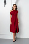 Kadın Bordo Düşük Omuzlu Midi Boy Elbise