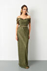 Kadın Haki Yaka Organze Detay Pul Payetli Uzun Abiye Elibse