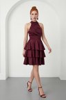 Kadın Bordo Halter Yaka Saten Mini Mezuniyet Abiye Elbise