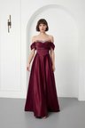 Kadın Bordo Kayık Yaka Taşlı Uzun Söz Nişan Nikah Abiye Elbise