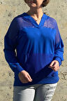 Kadın Saks Mavi File Detaylı Bluz