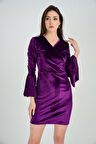 Abiye Elbise - Kruvaze Kollar Volanlı Kadife Abiye Elbise | Elb31867 Mor