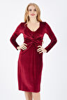 Ön Kruvaze U.Kol Kadife Elbise | Elb32410 Bordo