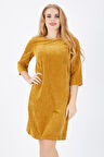 Sırtı 40 Cm.Gizli Fermuarlı Truvakar Kol Kadife Elbise | Elb32565 Hardal