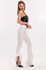 Kemerli Paça Volanlı Pike Çelik  Pantolon | Pnt32698 Ekru