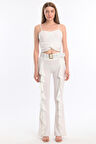Kemerli Volanlı Scuba Krep Pantolon | Pnt32716 Ekru