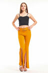 Kemerli Paça Volanlı Pike Çelik  Pantolon | Pnt32698 Hardal