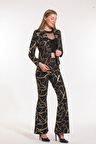 İspanyol paça Varak Baskılı Scuba Pantolon | PNT33581 Zincir Des.Siyah Gold