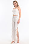 Volanlı  Kemerli Scuba Krep Pantolon | Pnt33394 Ekru