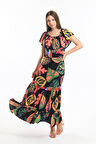 Degaje Yaka Yakası Lastikli Dokuma Viskon Uzun Elbise | Elb34315 Siyah Çiçekli