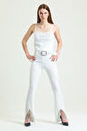 Beli Kemerli Sıralı Taş Zincir Detaylı  Scuba Krep Abiye Pantolon | Pnt34307 Beyaz