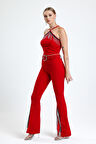 Kemerli Paça Volanlı Pike Çelik  Pantolon | Pnt32698 Kırmızı
