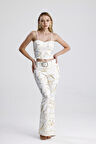 İspanyol paça Varak Baskılı Scuba Pantolon | PNT33581 Ekru Gold Zincir Desen
