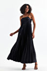 Kaplı Ayarlanabilir Askılı Piliseli Abiye Uzun Saten Elbise | Elb35410 Siyah