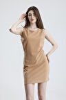 Yarım Astarlı Arkası Fermuarlı Taşlı Kolsuz Scuba Krep Abiye  Elbise | ELB35793 Bej