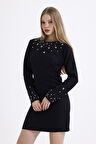 Taş Detaylı Uzun Kol Elbise | ELB35865 Siyah