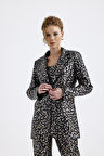 İci Astarlı Desenli Abiye Pul payet Ceket | CKT34264 Siyah Gold Leopar