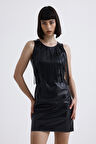 Metal fermuralı Püslkül detaylı Suni Deri Mini Elbise | ELB35960 Siyah