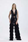 Asatrlı Siyah Işıltılı Pul İşlemeli Kat Kat Volanlı Siyah Toptan Kadın Pantolon | PNT36073 Siyah