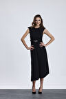 Vatkalı Kemer detaylı Kolsuz Uzun Elbise | ELB36216 Siyah