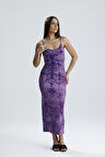 Yırtmaçlı Askılı Likralı Viskon Elbise | ELB35782 Mor Batik