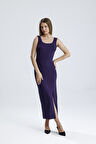 KOLSUZ KARE YAKA YIRMAÇLI ÖRME VİSKON ELBİSE | ELB36253 Mor