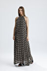 Astarlı Piliseli Uzun Abiye Desenli  Şifon Elbise | ELB35127SF Zincir Desenli