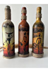 El Yapımı Afrika Kabilesi Kadın Figürlü Dekoratif Şarap Şişeleri 3'lü Set