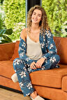 Aydoğan Kadın Çiçek Desenli Mavi %95 Viskon %5 Elasthan Kumaş Pijama Takımı