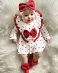 Kırmızı kalpli pamuklu bandanalı romper salopet kız bebek takım Mevlüt takımı