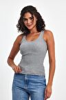 Kadın Gri Fitilli Görünümlü Askılı Kalın Basic Atlet Bluz
